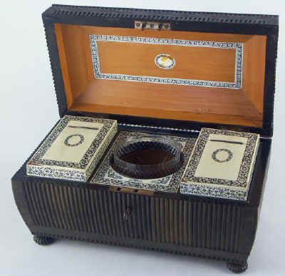 An important and monumental Anglo Indian Vizagapatam black buffalo horn tea chest Circa 1835.