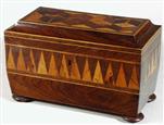 TC153: An Impressive Inlaid Tunbridge ware Tea Chest Circa 1825: A  rare early 19th Century shaped Tunbridgeware three compartment tea caddy standing on turned feet.  