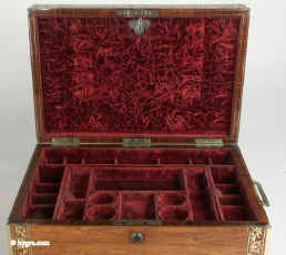 Exceptional kingwood and brass inlaid box circa 1820 with rare secret compartment.  Enlarge Picture