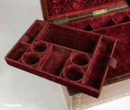 Exceptional kingwood and brass inlaid box circa 1820 with rare secret compartment.  Enlarge Picture