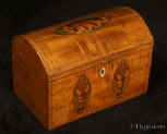 TC562:  18th century satinwood two compartment tea caddy inlaid with fine decoration in the neoclassical tradition. Circa 1790 Enlarge Picture